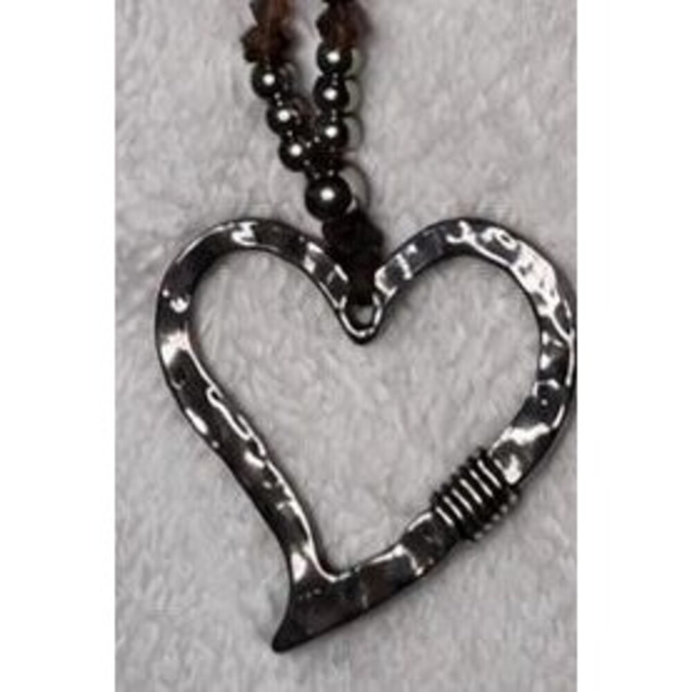 Silver Heart Pendant Brown Cord Necklace Beaded Boho 19” Western  Style